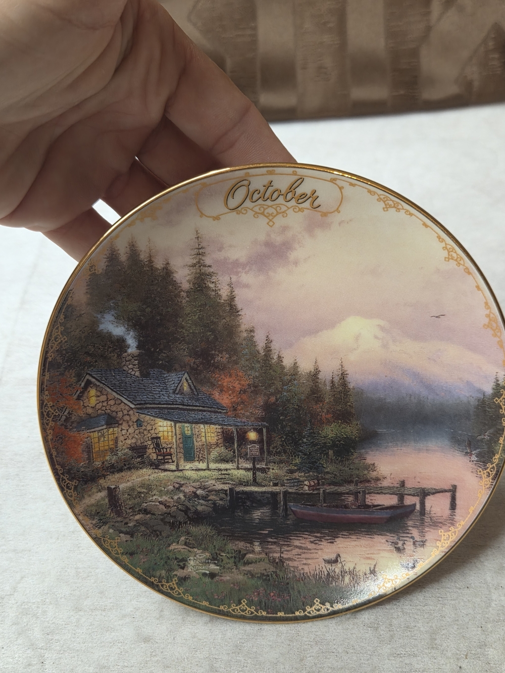 Thomas Kinkade October Lakeside Plate in Pink, Cream, Gold